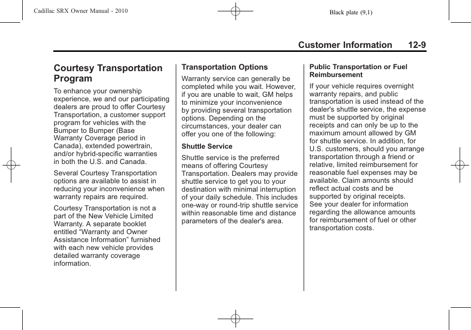 Courtesy transportation program, Courtesy transportation, Program -9 | Cadillac SRX 2010 User Manual | Page 447 / 468