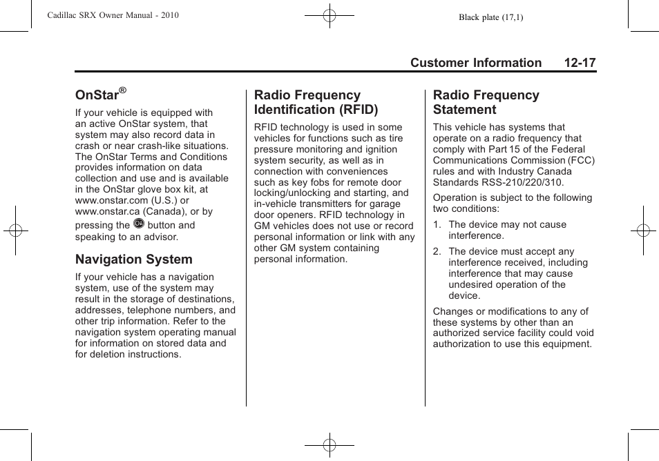 Onstar, Navigation system, Radio frequency identification (rfid) | Radio frequency statement, Navigation system -17 radio frequency, Identification (rfid) -17, Radio frequency | Cadillac SRX 2010 User Manual | Page 455 / 468