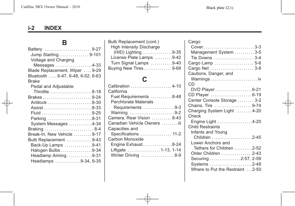 Index_b, Index_c, I-2 index | Cadillac SRX 2010 User Manual | Page 458 / 468