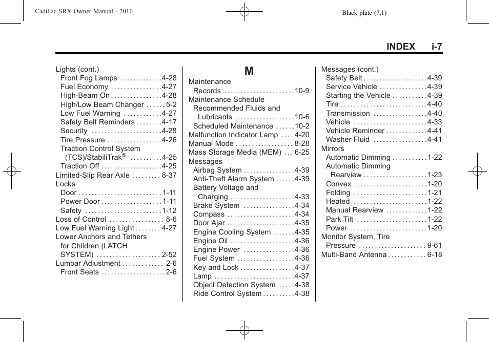Index_m, Index i-7 | Cadillac SRX 2010 User Manual | Page 463 / 468