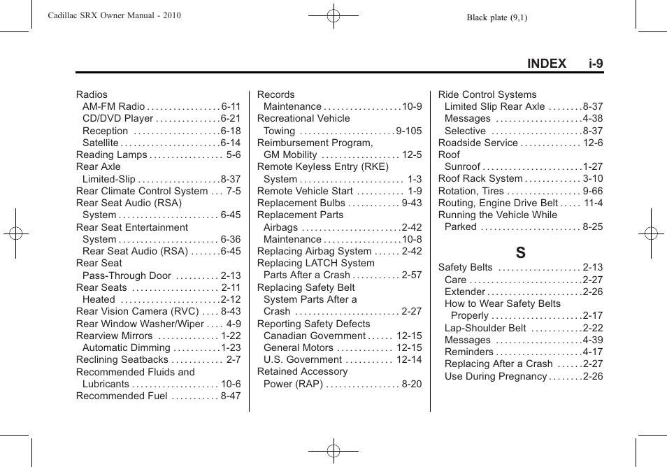 Index_s, Index i-9 | Cadillac SRX 2010 User Manual | Page 465 / 468