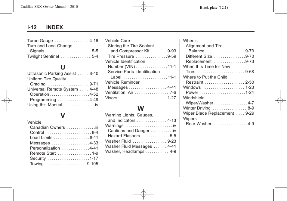 Index_u, Index_v, Index_w | Cadillac SRX 2010 User Manual | Page 468 / 468