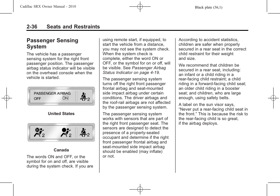 Passenger sensing system, Passenger sensing, System -36 | Cadillac SRX 2010 User Manual | Page 70 / 468