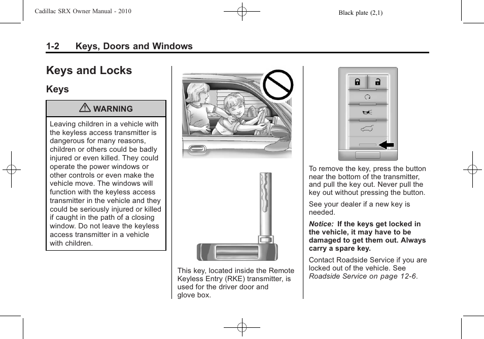 Keys and locks, Keys, Keys and locks -2 | Instrument panel overview, Keys -2 | Cadillac SRX 2010 User Manual | Page 8 / 468