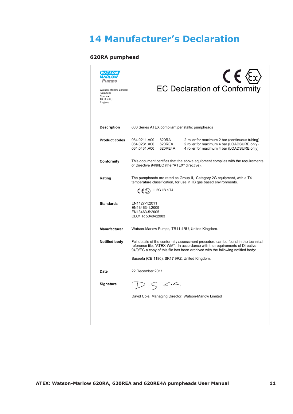 14 manufacturer’s declaration, Ec declaration of conformity, 620ra pumphead | Watson-Marlow 620RA User Manual | Page 11 / 11