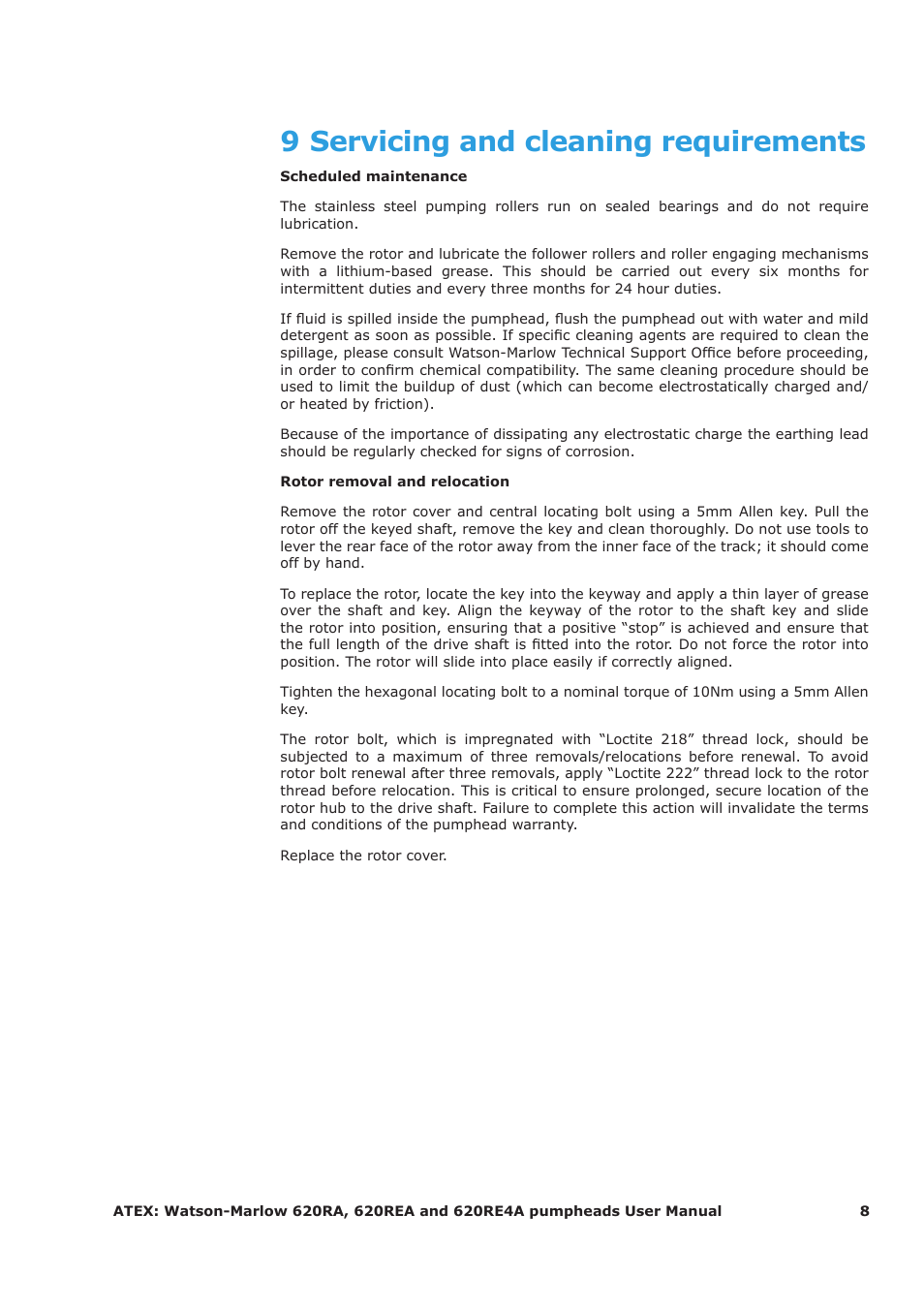 9 servicing and cleaning requirements, 9 servicing and cleaning, Requirements | Watson-Marlow 620RA User Manual | Page 8 / 11