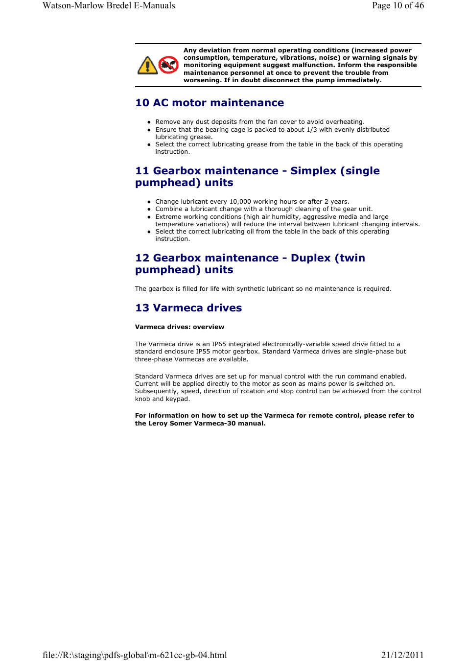 10 ac motor maintenance, 13 varmeca drives | Watson-Marlow 621CC User Manual | Page 10 / 46