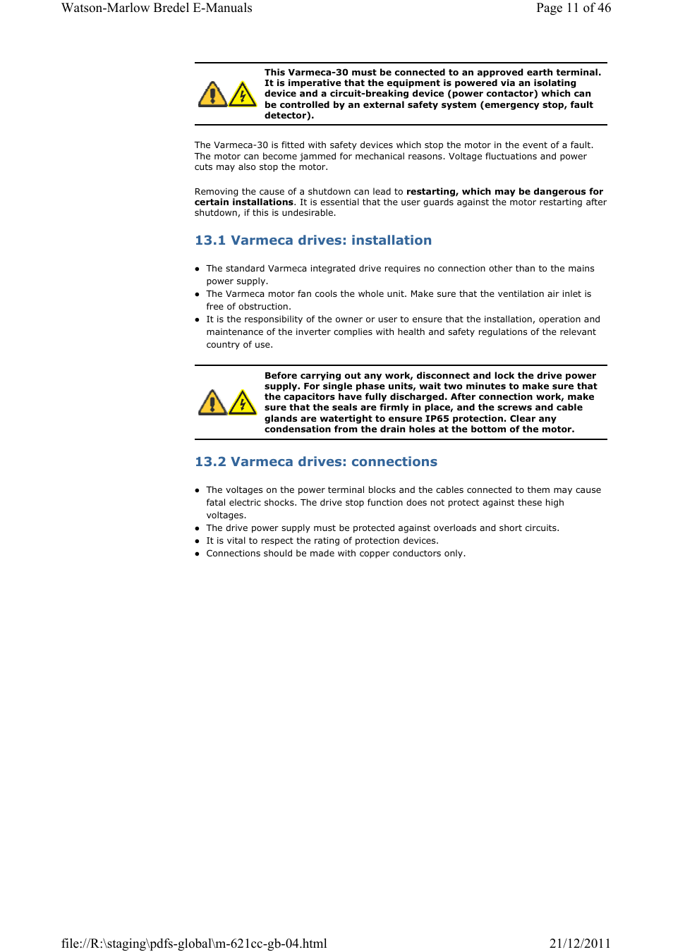 1 varmeca drives: installation, 2 varmeca drives: connections | Watson-Marlow 621CC User Manual | Page 11 / 46