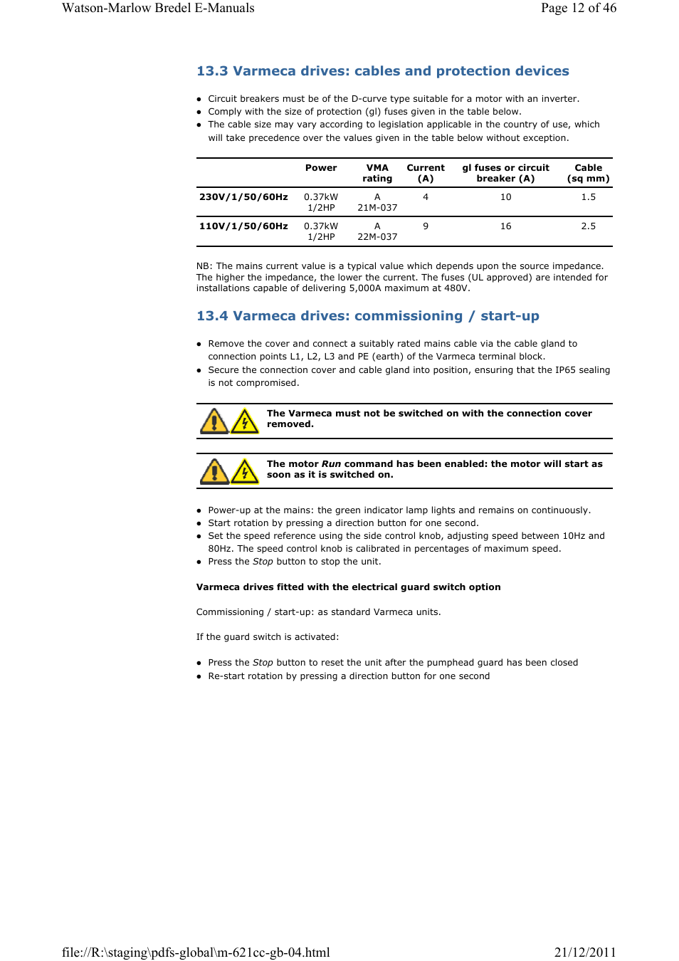 3 varmeca drives: cables and protection devices, 4 varmeca drives: commissioning / start-up | Watson-Marlow 621CC User Manual | Page 12 / 46