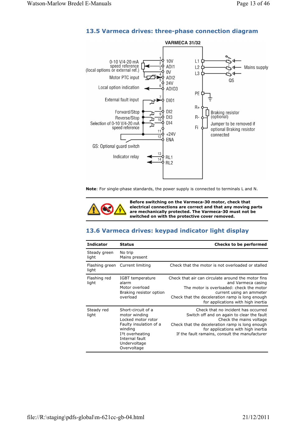 5 varmeca drives: three-phase connection diagram, 6 varmeca drives: keypad indicator light display | Watson-Marlow 621CC User Manual | Page 13 / 46