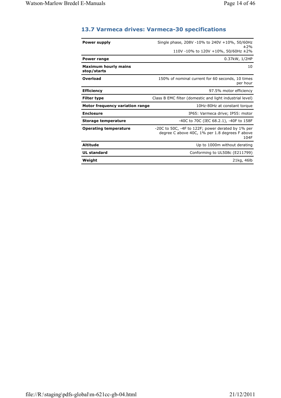 7 varmeca drives: varmeca-30 specifications | Watson-Marlow 621CC User Manual | Page 14 / 46