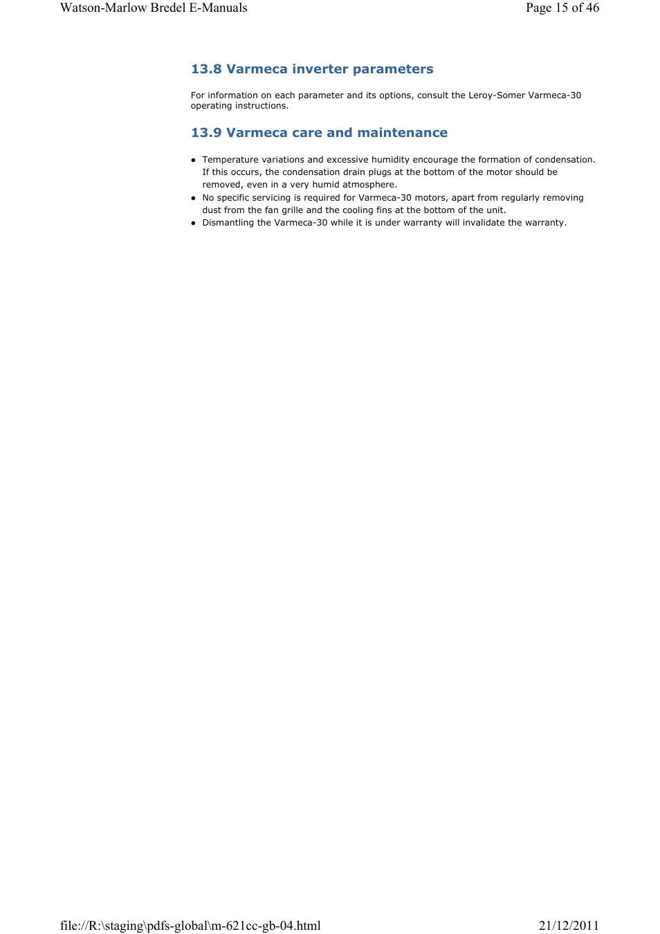 8 varmeca inverter parameters, 9 varmeca care and maintenance | Watson-Marlow 621CC User Manual | Page 15 / 46