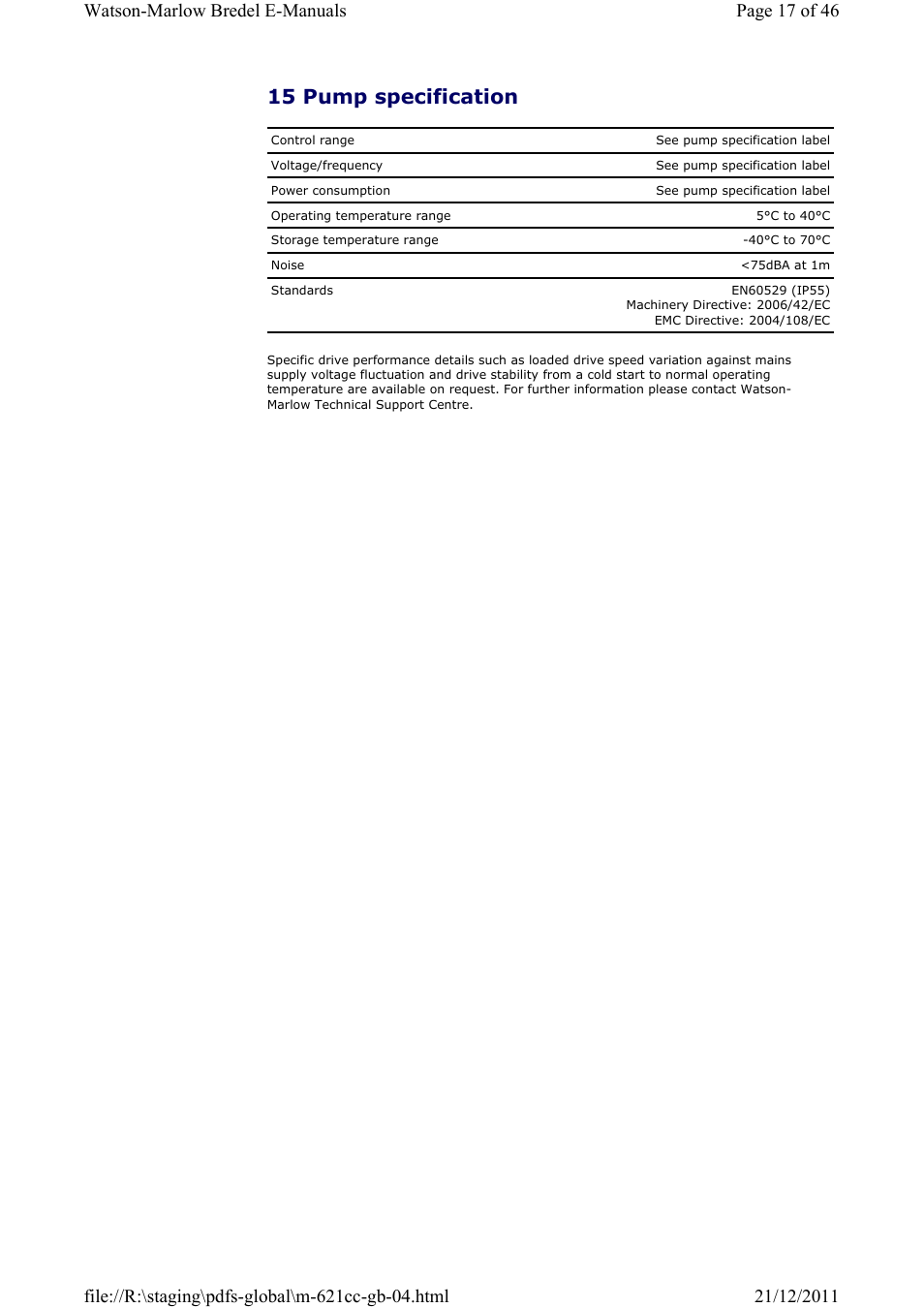 15 pump specification | Watson-Marlow 621CC User Manual | Page 17 / 46