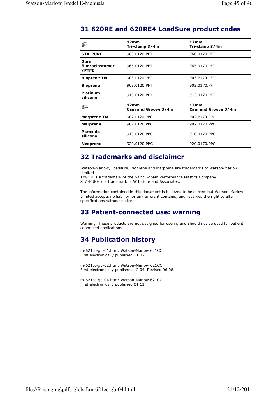 33 patient-connected use: warning, 34 publication history | Watson-Marlow 621CC User Manual | Page 45 / 46