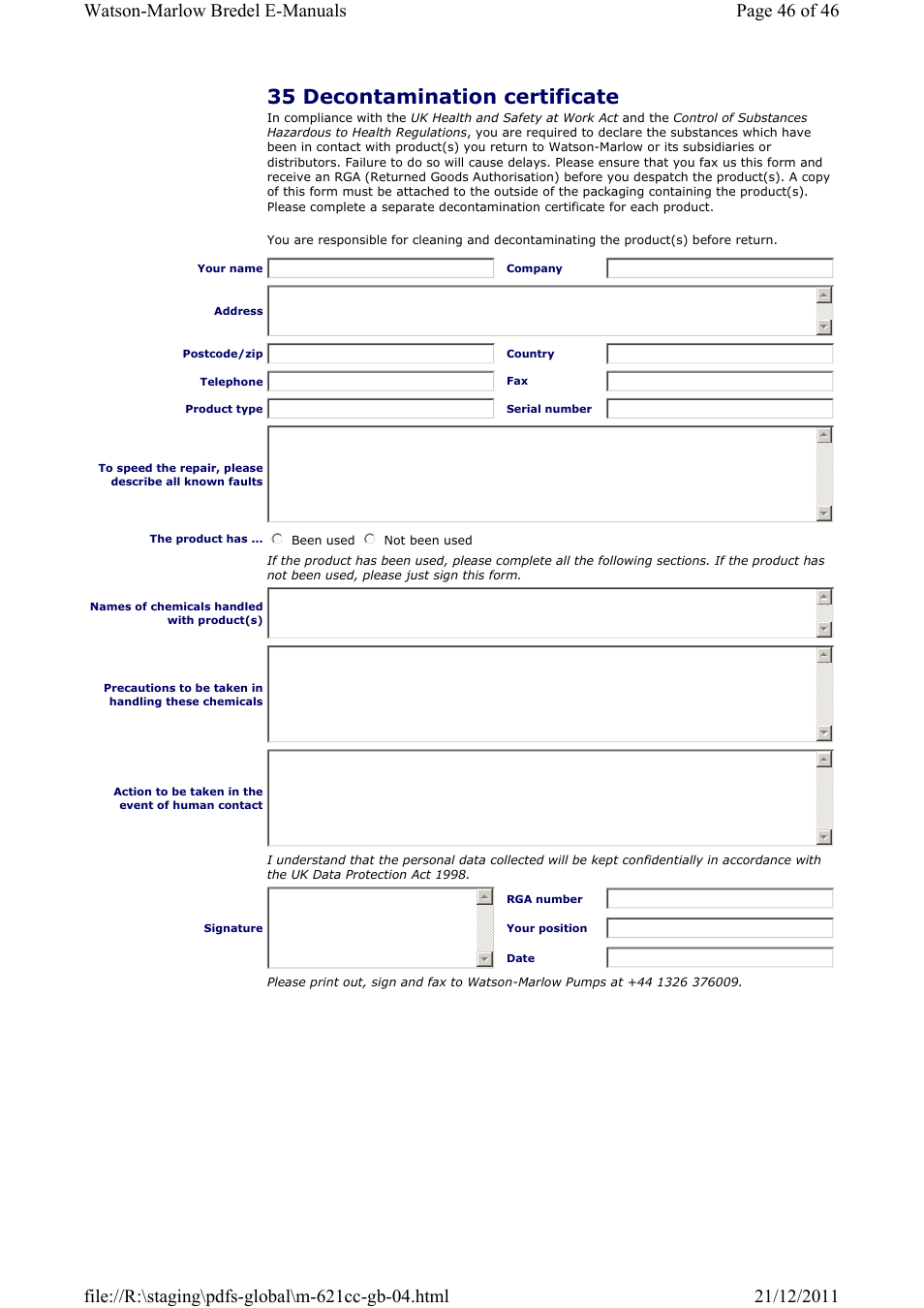 35 decontamination certificate | Watson-Marlow 621CC User Manual | Page 46 / 46