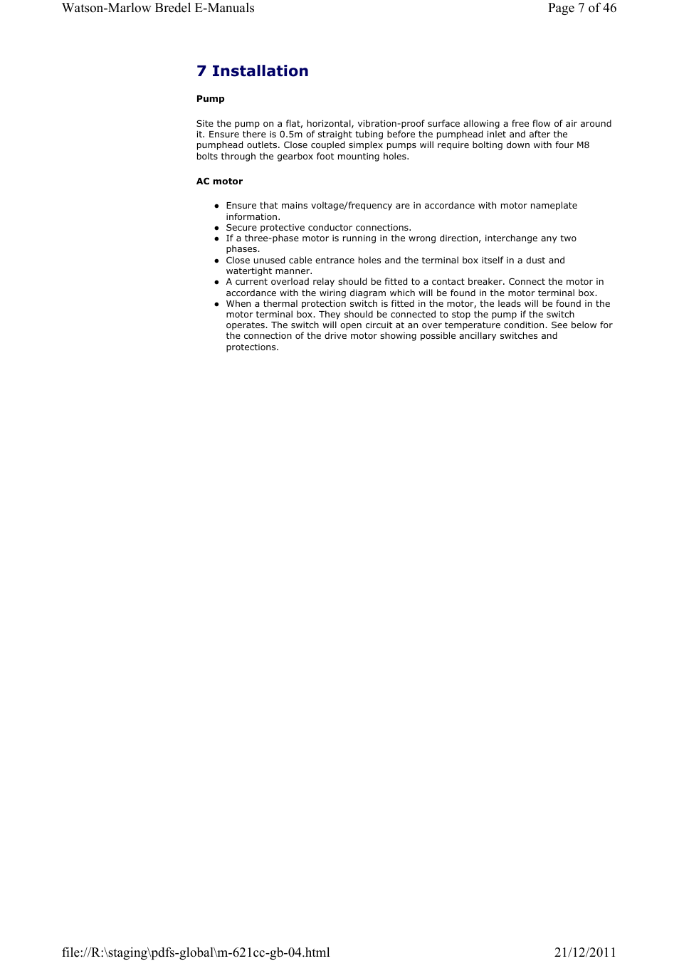 7 installation | Watson-Marlow 621CC User Manual | Page 7 / 46