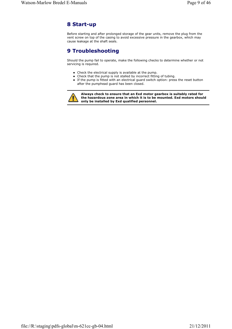 8 start-up, 9 troubleshooting | Watson-Marlow 621CC User Manual | Page 9 / 46