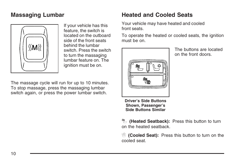 Massaging lumbar, Heated and cooled seats, Massaging lumbar heated and cooled seats | Cadillac 2007 DTS User Manual | Page 10 / 508