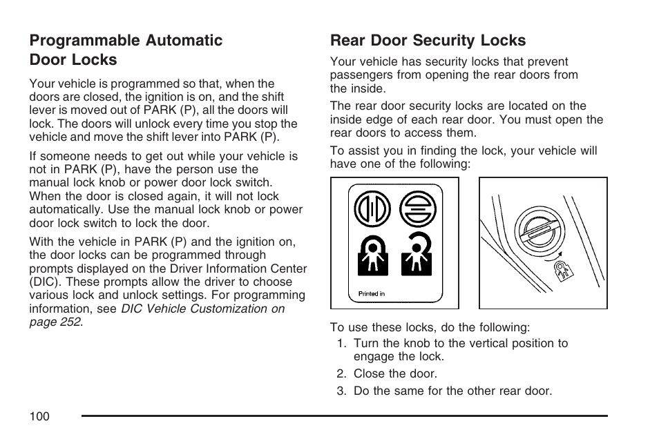 Programmable automatic door locks, Rear door security locks | Cadillac 2007 DTS User Manual | Page 100 / 508