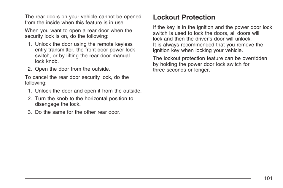 Lockout protection | Cadillac 2007 DTS User Manual | Page 101 / 508