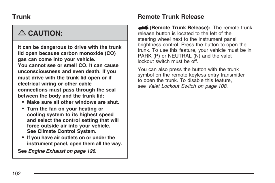 Trunk, Caution | Cadillac 2007 DTS User Manual | Page 102 / 508