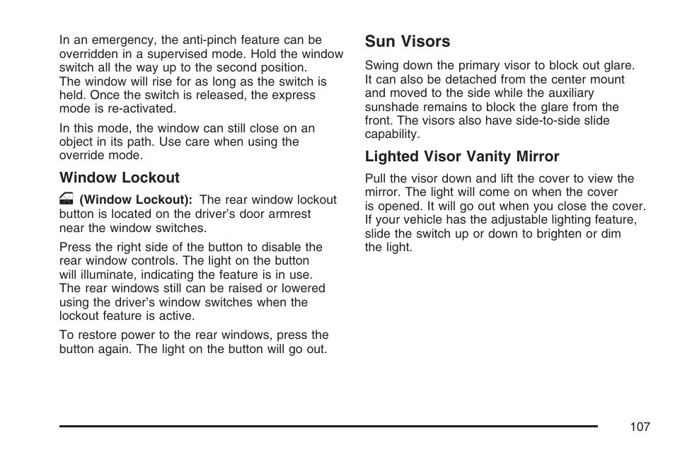 Sun visors | Cadillac 2007 DTS User Manual | Page 107 / 508