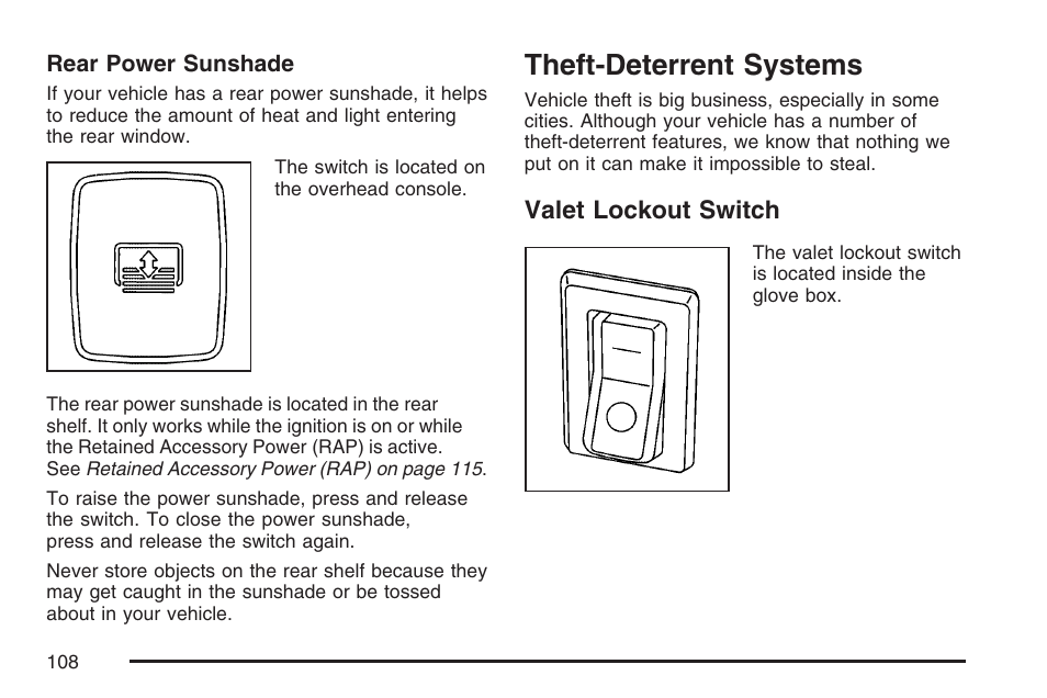 Theft-deterrent systems, Valet lockout switch | Cadillac 2007 DTS User Manual | Page 108 / 508