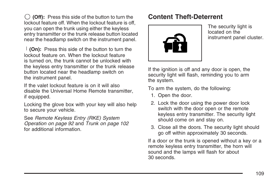 Content theft-deterrent | Cadillac 2007 DTS User Manual | Page 109 / 508