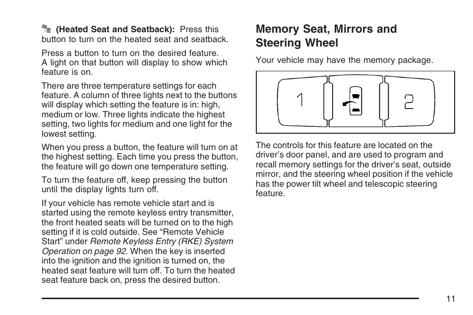 Memory seat, mirrors and steering wheel | Cadillac 2007 DTS User Manual | Page 11 / 508