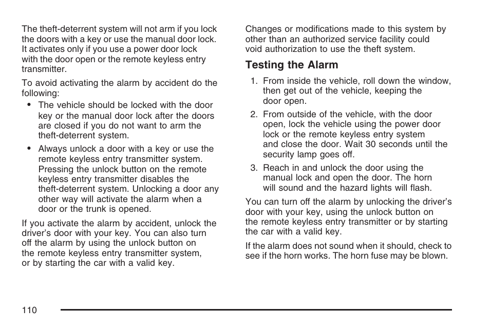 Testing the alarm | Cadillac 2007 DTS User Manual | Page 110 / 508