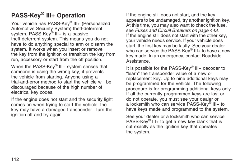 Pass-key® iii+ operation, Pass-key, Iii+ operation | Cadillac 2007 DTS User Manual | Page 112 / 508