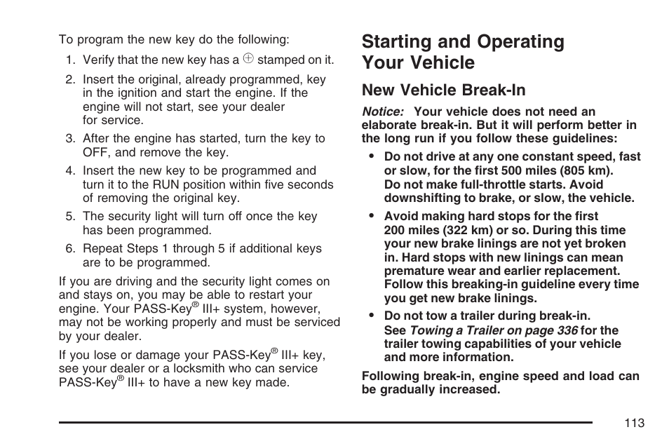 Starting and operating your vehicle, New vehicle break-in | Cadillac 2007 DTS User Manual | Page 113 / 508