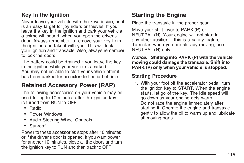 Retained accessory power (rap), Starting the engine, Retained accessory power (rap) starting the engine | Cadillac 2007 DTS User Manual | Page 115 / 508