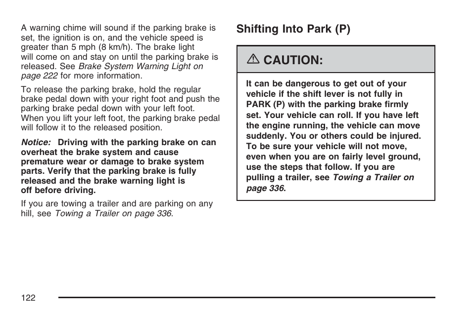 Shifting into park (p), Caution | Cadillac 2007 DTS User Manual | Page 122 / 508