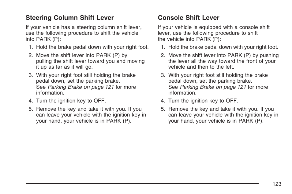 Steering column shift lever, Console shift lever | Cadillac 2007 DTS User Manual | Page 123 / 508