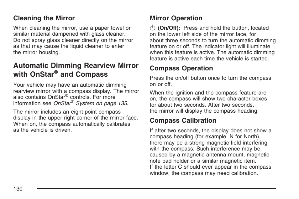 Automatic dimming rearview mirror, With onstar, And compass | Automatic dimming rearview mirror with onstar | Cadillac 2007 DTS User Manual | Page 130 / 508