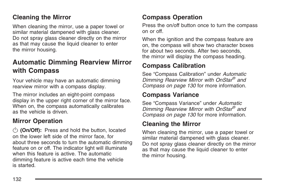 Automatic dimming rearview mirror with compass, Automatic dimming rearview mirror, With compass | Cadillac 2007 DTS User Manual | Page 132 / 508