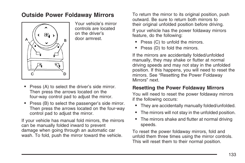 Outside power foldaway mirrors | Cadillac 2007 DTS User Manual | Page 133 / 508