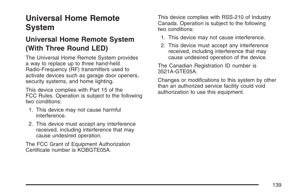 Universal home remote system, With three round led) | Cadillac 2007 DTS User Manual | Page 139 / 508