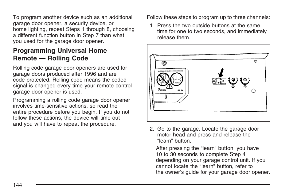 Programming universal home remote — rolling code | Cadillac 2007 DTS User Manual | Page 144 / 508