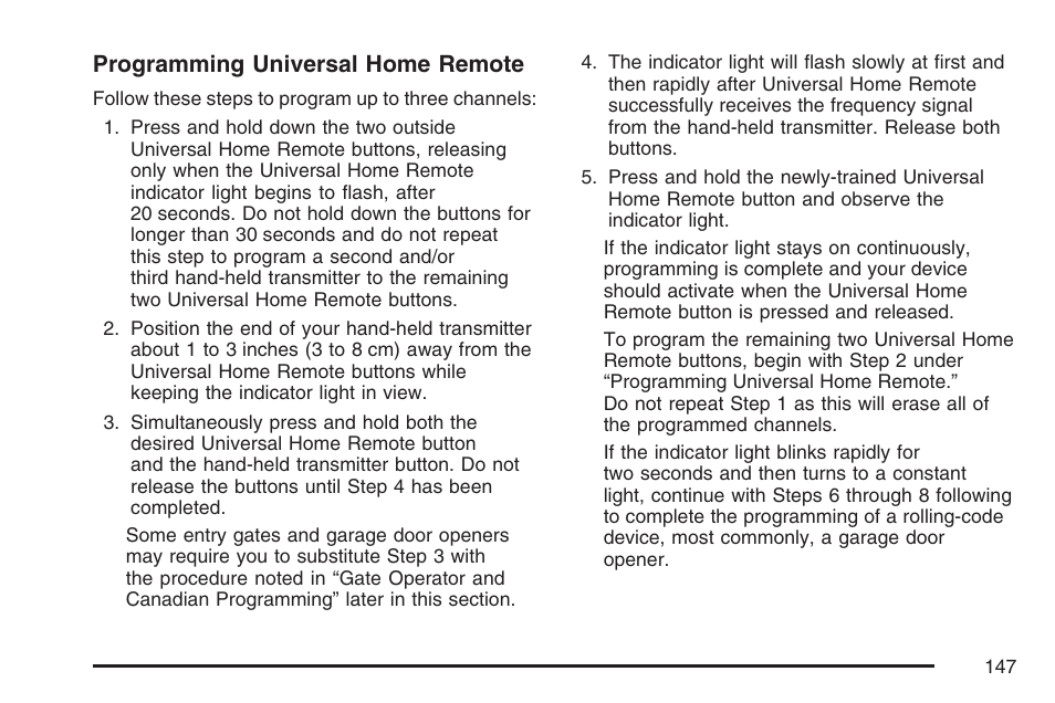 Programming universal home remote | Cadillac 2007 DTS User Manual | Page 147 / 508