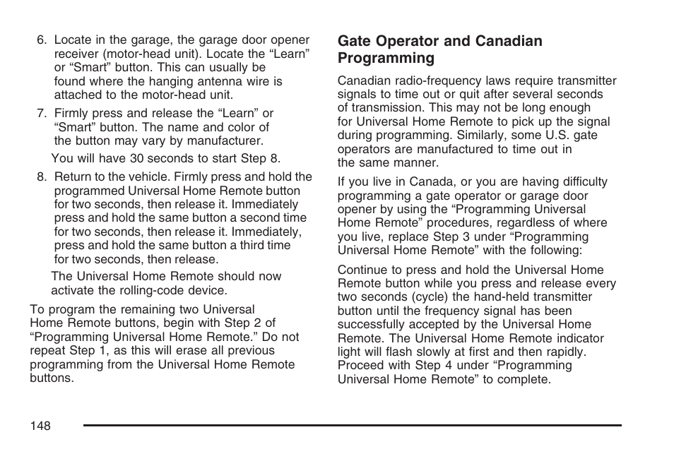 Gate operator and canadian programming | Cadillac 2007 DTS User Manual | Page 148 / 508