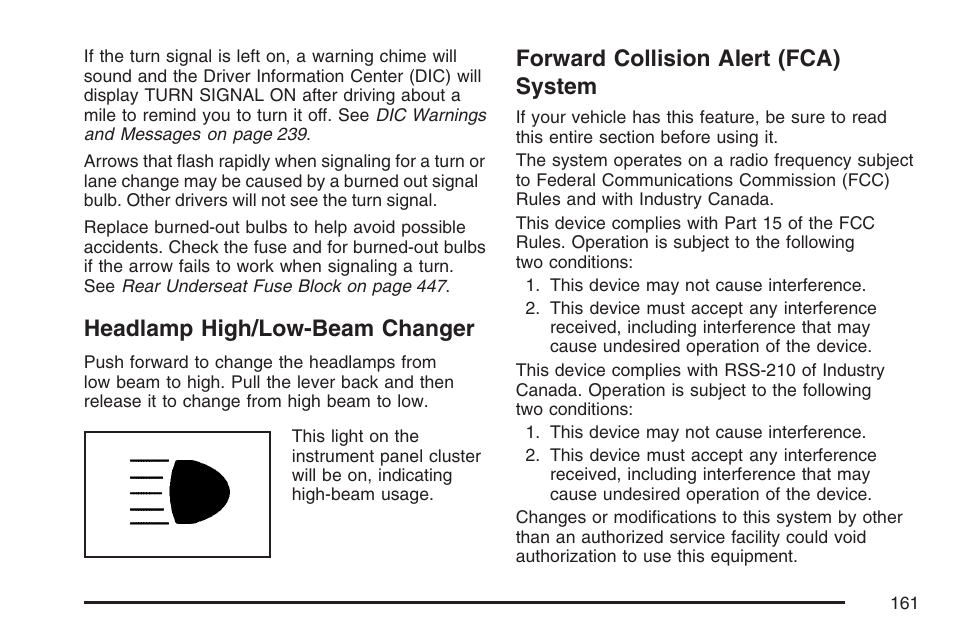 Headlamp high/low-beam changer, Forward collision alert (fca) system | Cadillac 2007 DTS User Manual | Page 161 / 508