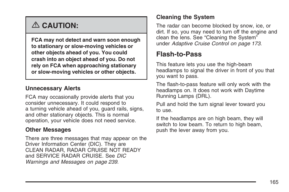 Flash-to-pass, Caution | Cadillac 2007 DTS User Manual | Page 165 / 508