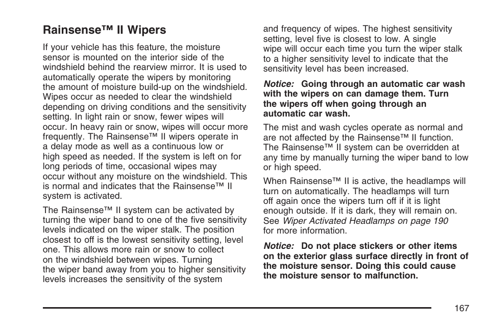 Rainsense™ ii wipers | Cadillac 2007 DTS User Manual | Page 167 / 508