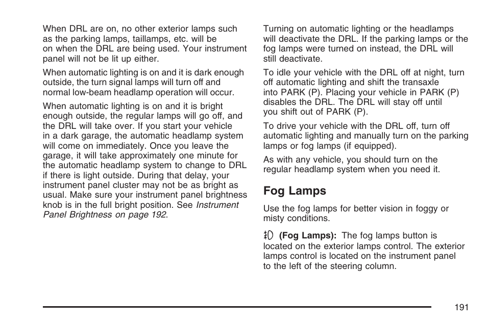 Fog lamps | Cadillac 2007 DTS User Manual | Page 191 / 508