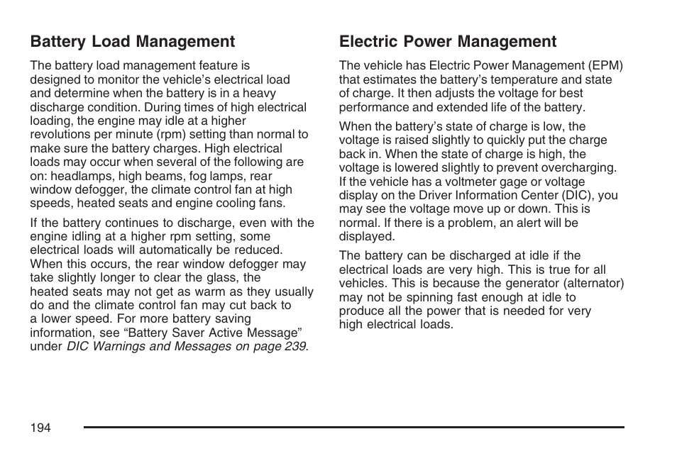 Battery load management, Electric power management, Battery load management electric power management | Cadillac 2007 DTS User Manual | Page 194 / 508