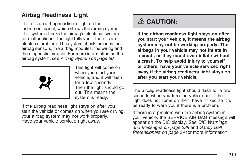 Airbag readiness light, Caution | Cadillac 2007 DTS User Manual | Page 219 / 508