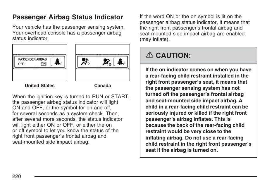 Passenger airbag status indicator, Caution | Cadillac 2007 DTS User Manual | Page 220 / 508