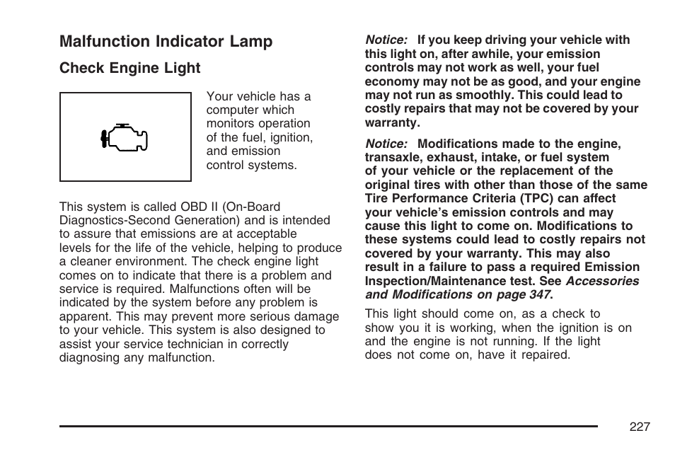 Malfunction indicator lamp | Cadillac 2007 DTS User Manual | Page 227 / 508